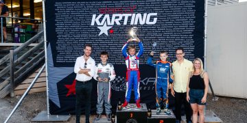 Jay Kostecki (centre) came from 15th to win the Cadet Stars of Karting Title. Image: KA/Pace