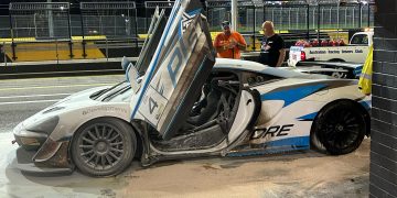 The aftermath following a fire that engulfed Anthony Soole's McLaren 570s GT4.